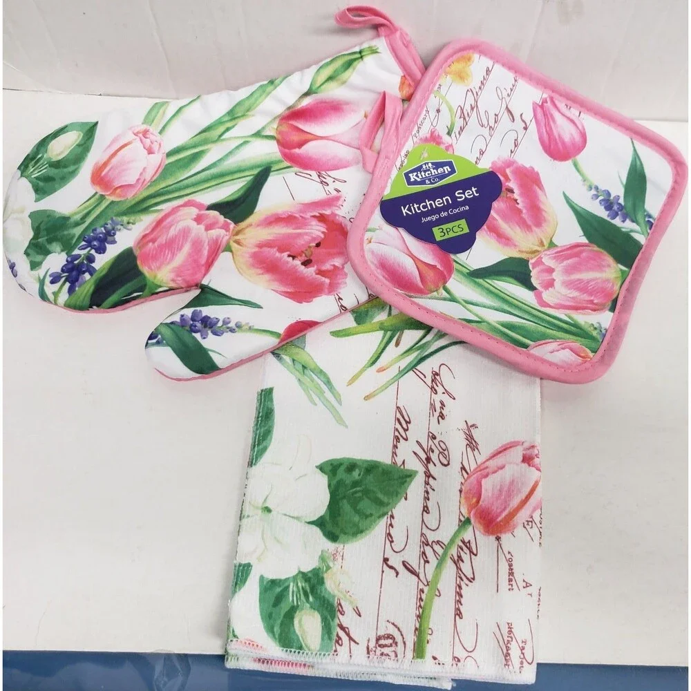 3 pc KITCHEN SET:1POT HOLDER,1OVEN MITT,1MICROFIBER TOWEL,FLOWERS, TULIPS,K&Co